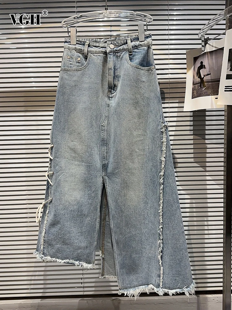 

VGH Patchwork Lace Up Denim Skirt For Women High Waist Spliced Irregular Hem Loose Minimalist A Line Skirts Female Fashion New