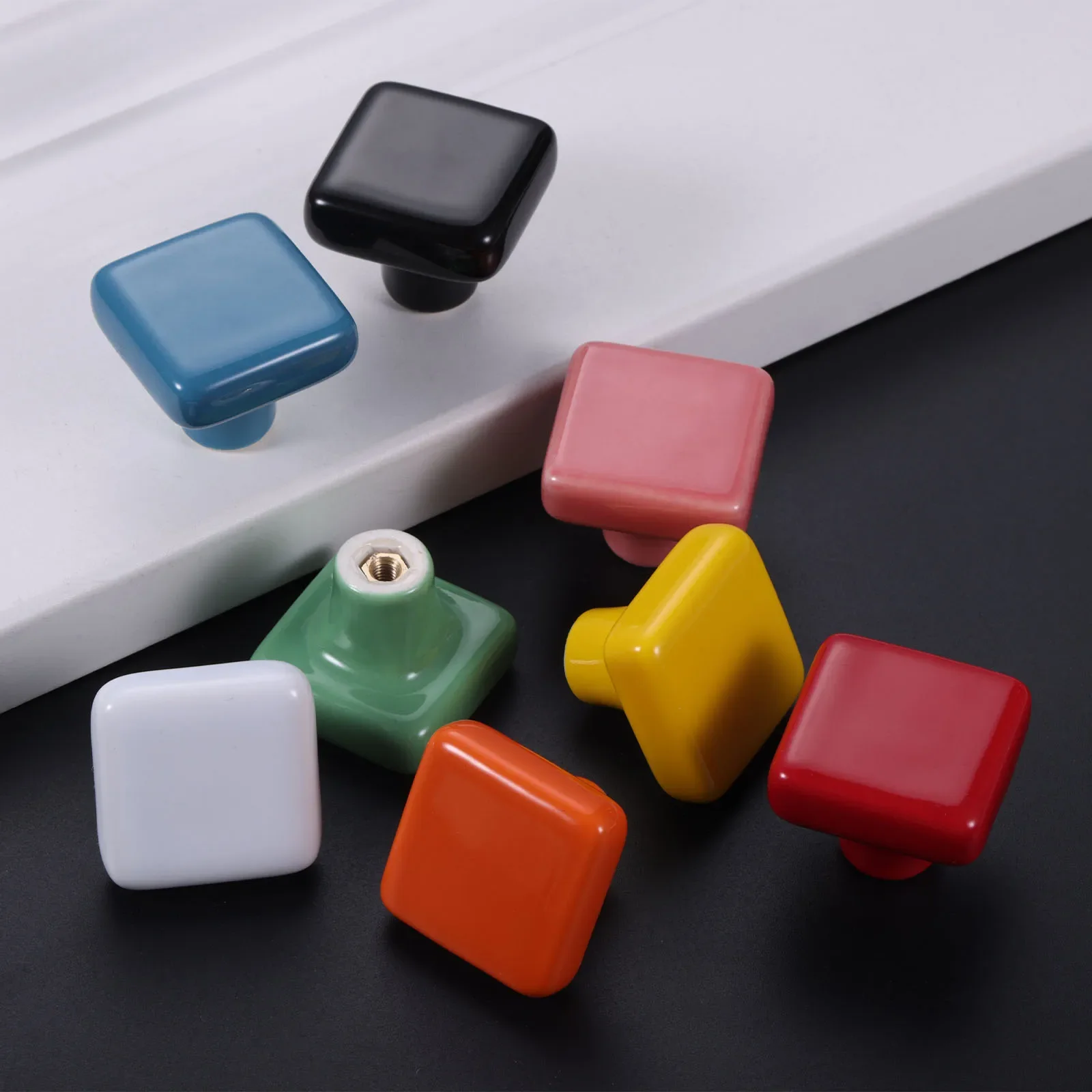 2pcs Colorful Ceramic Cabinet Door Handle w/screw Square Single Hole 27mm/1.06" Simple Modern Knob Drawer Wardrobe Chest Pull