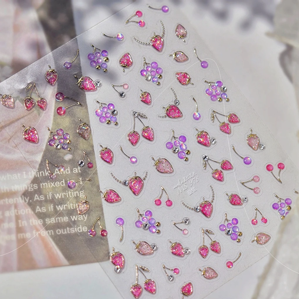 스파클 딸기 핑크 과일 보라색 포도 체리 쿨 리프레시 라인스톤 5D 접착 네일 참 팁 아트 스티커 매니큐어 데칼