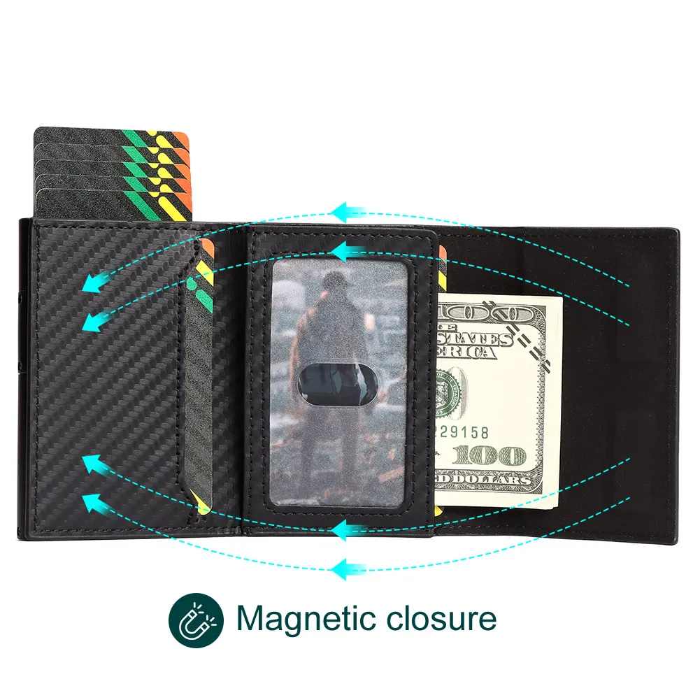 Carbon Fiber Magnetic Men's Credit Card Holder RFID Pop Up Cards Storage Case Automatic Smart Walet with Money Clip