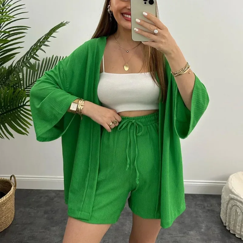 2023 Suit Women's Spring and Autumn Trumpet Short-sleeved Shawl Cardigan Shirt Solid Color Pleated Tight Waist Two-piece Suit spring summer heavy industry rhinestone chain pleated tube top waist tight a line pettiskirt swing soft mesh dress women dress