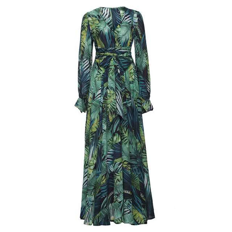 New Spring Summer Printed Muslim Dress For Women Lantern Long Sleeves V-Neck Female Clothing Fashion Casual Arab Islamic Dresses