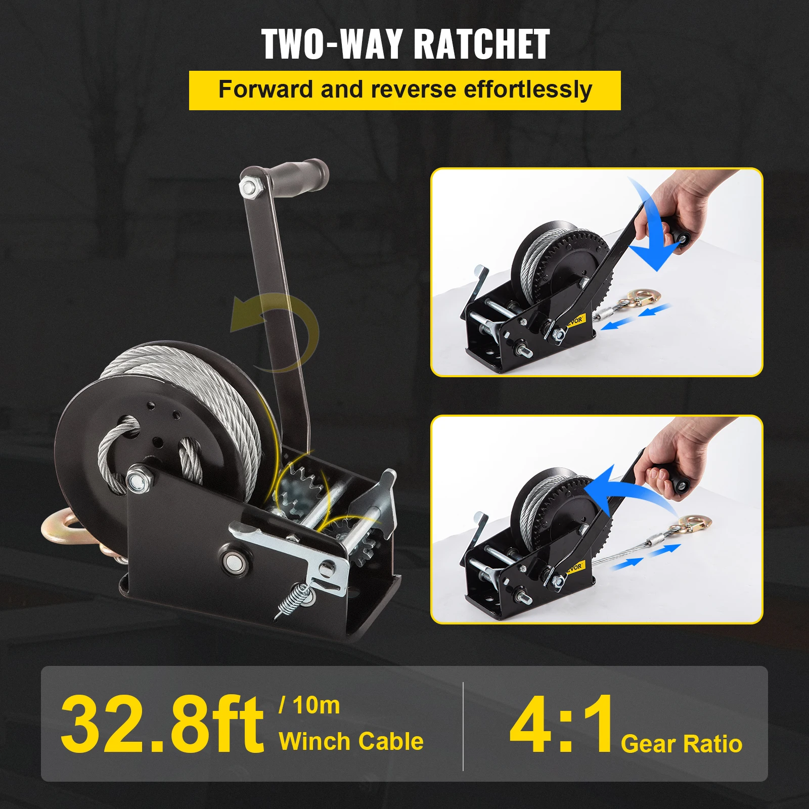 VEVOR Rope Crank,3500 LBS Capacity Heavy Duty Hand Winch w/ 10 m Wire Cable & Alloy Hook, 2-Gear Two-Way Manual Operated Ratchet