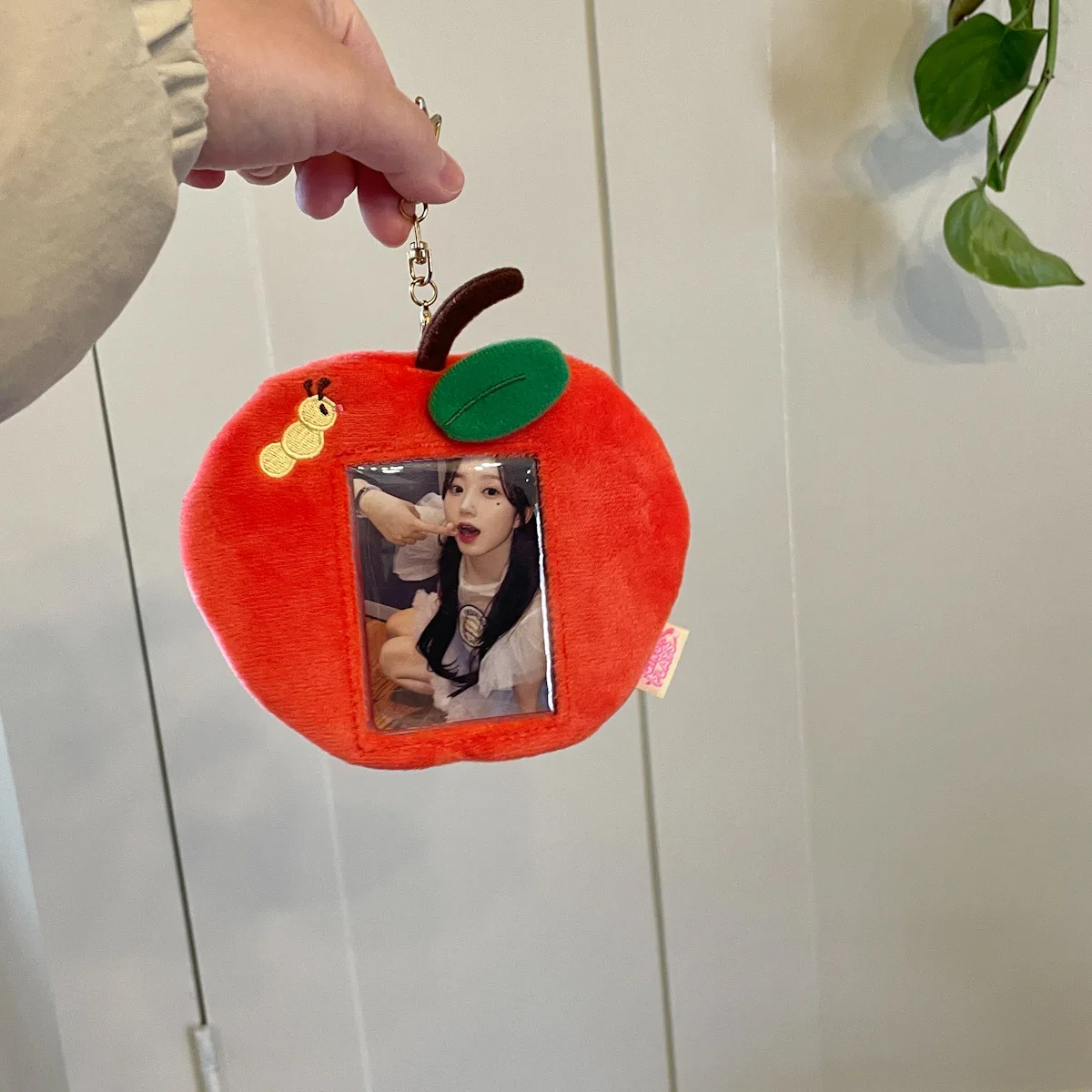 MINKYS Cute Red Apple Fluffy 3 inch Kpop Photocard Holder Photo Card Holder Bag Pendant School Stationery 3