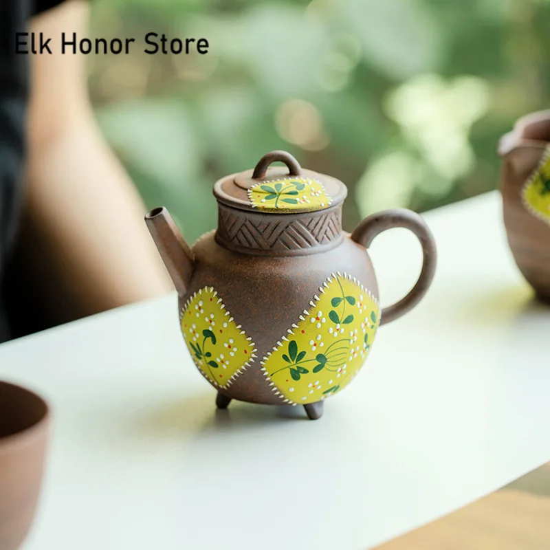 130ml Pure Hand-painted Yellow Chrysanthemum Teapot Aesthetic Old Rock Mud Tripodia General Pot Tea Maker Kettle Tea Ceremony