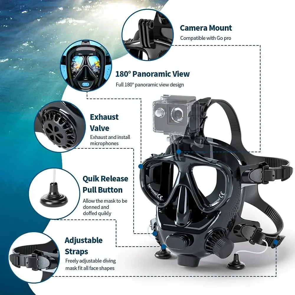 TRIMIX Full Face Diving Mask with Camera Mount, Full Face Snorkel Mask for Adults Compatible with Above 1L Scuba Diving Tank