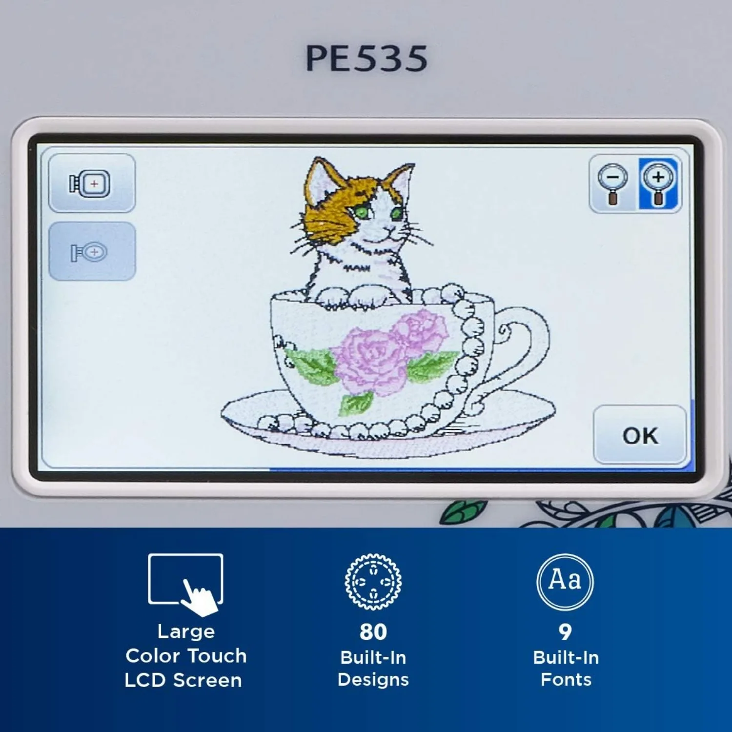 PE535 Embroidery Machine, 80 Built-in Designs, 4" x 4" Hoop Area, Large 3.2" LCD Touchscreen, USB Port, 9 Font Styles ﻿ 4