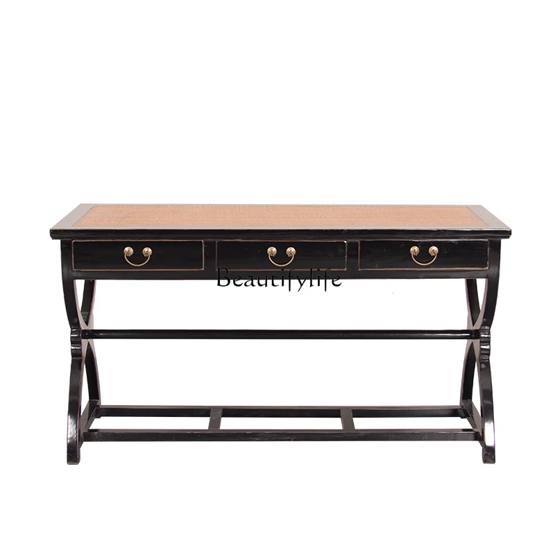 

Chinese Style Old Elm Antique Painting Table Solid Wood Vintage with Drawer Desk Cross Leg