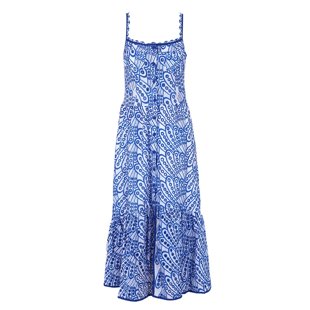 

Women's Hollow Embroidery Vacation Style Halter Dress Single Breasted Slit A-Line Dresses Sexy Party Club Night Gown Blue Trend