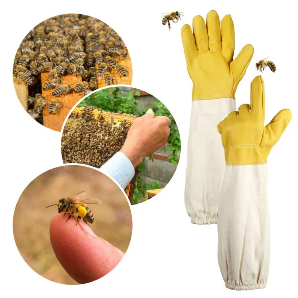 1 Pair Safe Professional Beekeeping Gloves Anti-sting Anti-bee Canvas Sheepskin Gloves Apiculture Protect Beekeeping Tools