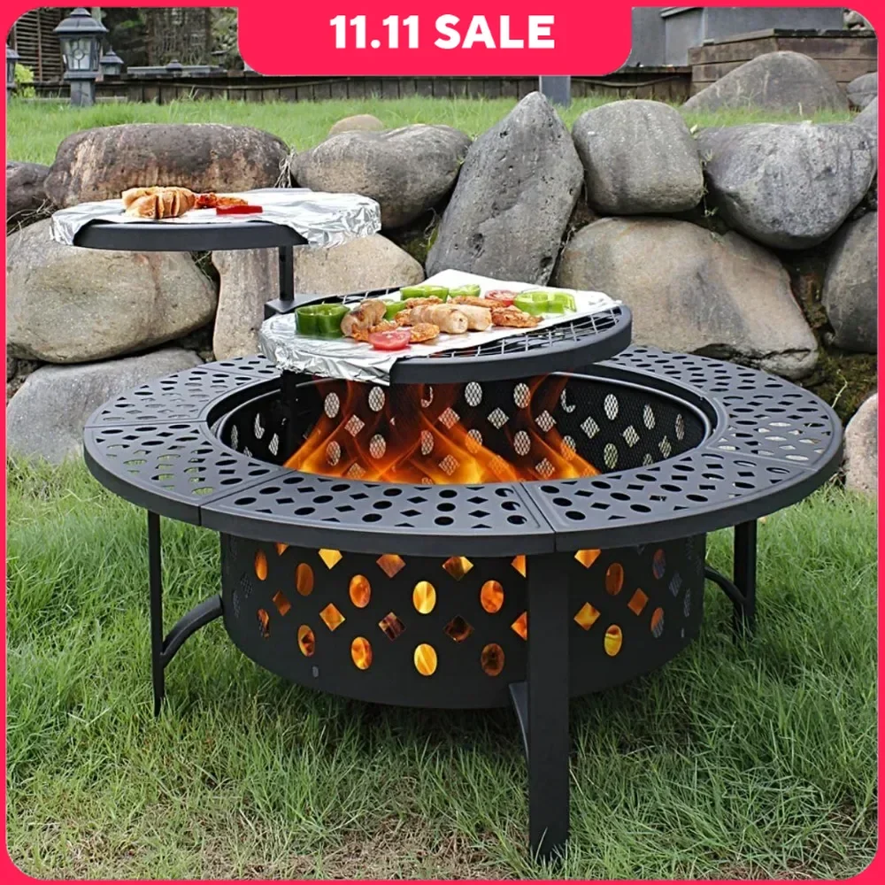 36 Inch three in one fire pit with 2 grills outdoor wood burning fire pit with cover matchstick and circular waterproof cover camping fire pit