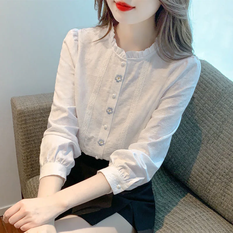 Embroidery Women Spring Autumn Blouses Shirts Lady Casual Long Sleeve Stand Collar Solid Color Blusas Tops DF4774
