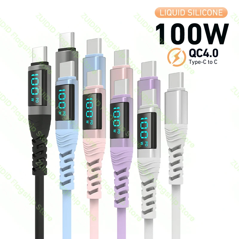 

LED Display PD100W USB C to USB Type-C Cable For iPhone 15 Liquid Silicone 5A Fast Charging Data Cord For MacBook Pro Samsung