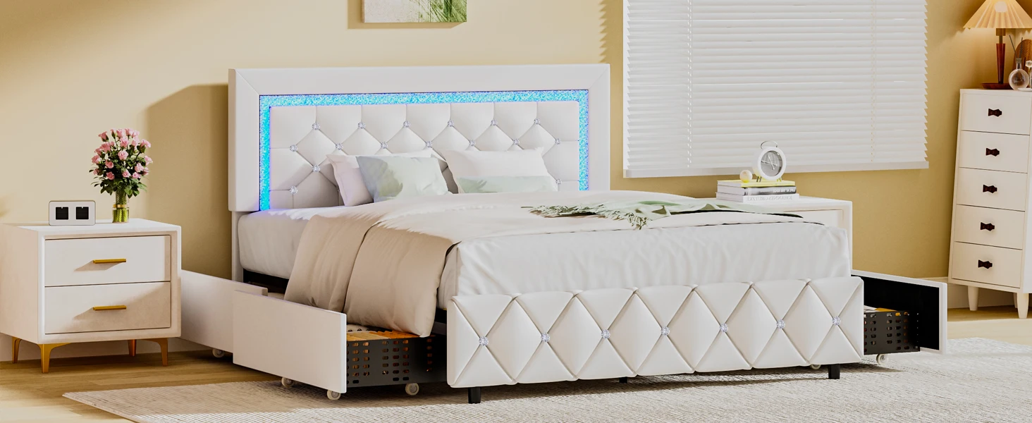 Upholstered Diamond Bed Frame with 4 Storage Drawers and LED Lights