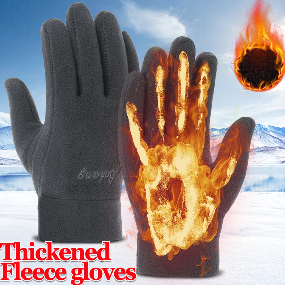 2025 Men's Winter Gloves Solid Women Outdoor Polar Fleece Thicken Warm Cold Gloves Motorcycle Cycling Wrist Glove black Mittens