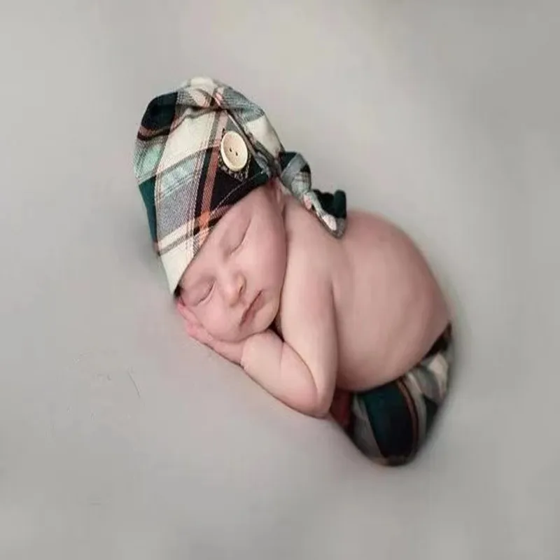 Dvotinst Newborn Photography Props Baby Boys Gentleman Outfits Plaid Pants Hat 2pcs Infant Fotografia Studio Shooting Photo Prop