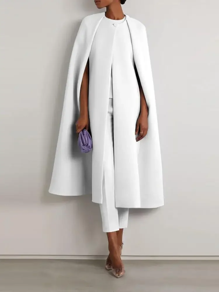 Freeacy Round Neck Cape Long Coat and High Waist Cropped Pants Urban Female Solid Color Two Piece Set Women's Autumn Suits 2