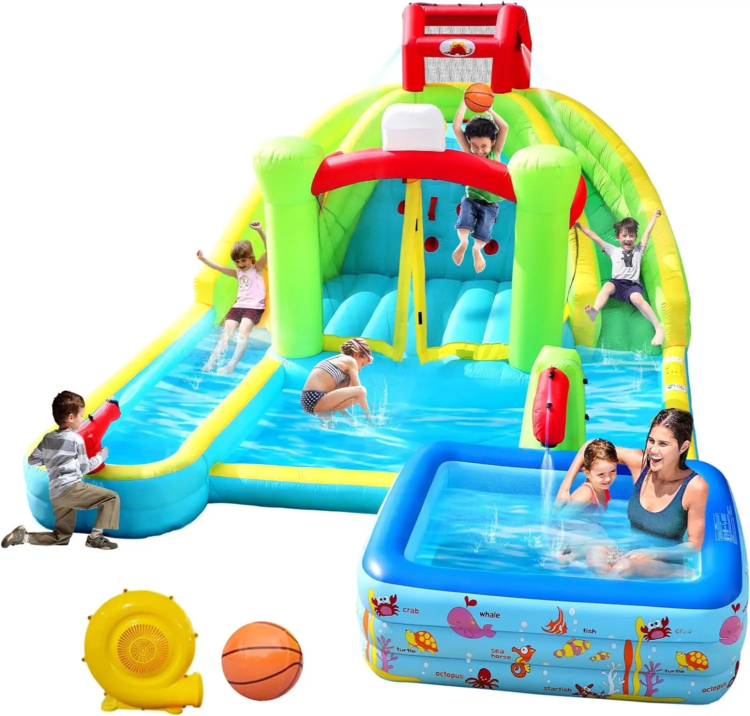 Inflatable Water Slide Pool for Two with Blower Bouncy Castle Rock Climbing Large Deep Pool and Water Gun Inflatable Swimming Pool