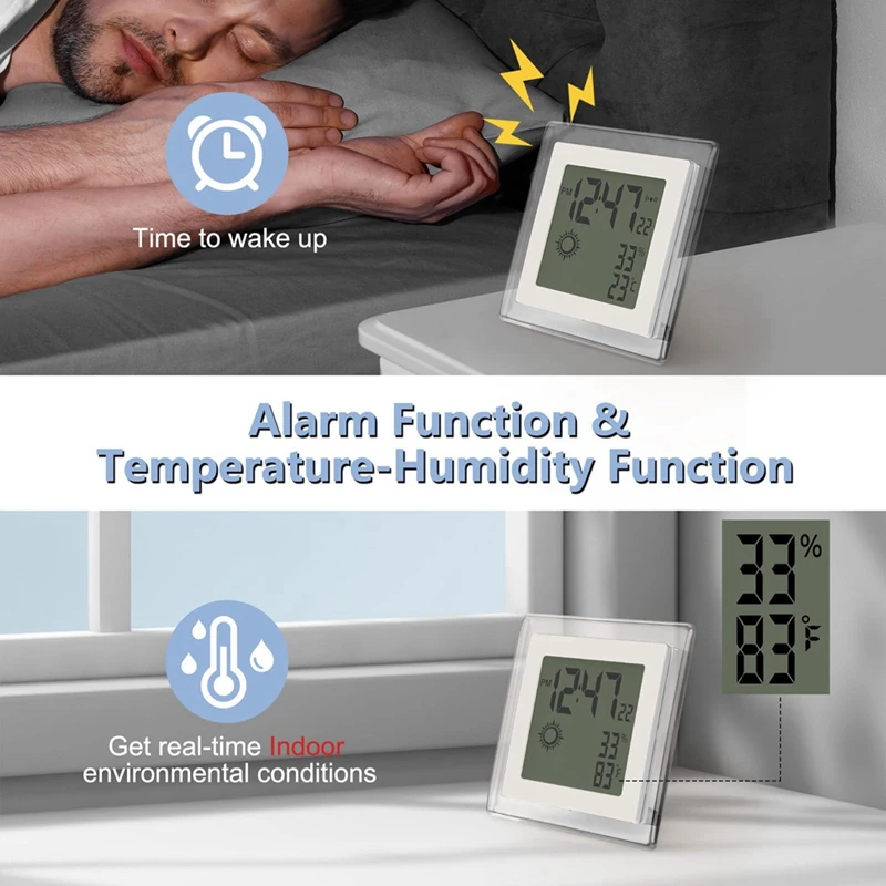 Digital Battery Operated Alarm Clock With Auto Backlight, Indoor Temperature Humidity, 12/24H, Date, Desk Clock, Durable 4