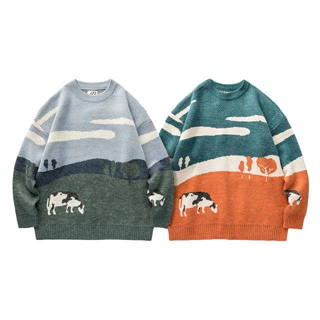 2023 Male Vintage Knitted Sweater Fashion Women Grassland Cow Print Round  Neck Long Sleeve Casual Loose Sweaters Pullover Tops - AliExpress