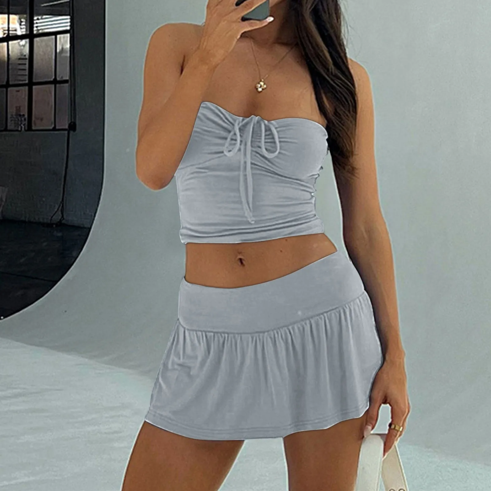 

Women's Sexy 2 Piece Top Skirt Sets Summer Fashion Halterneck Bandeau Backless Drawstring Slim Fit Top Ruffles Short Skirt