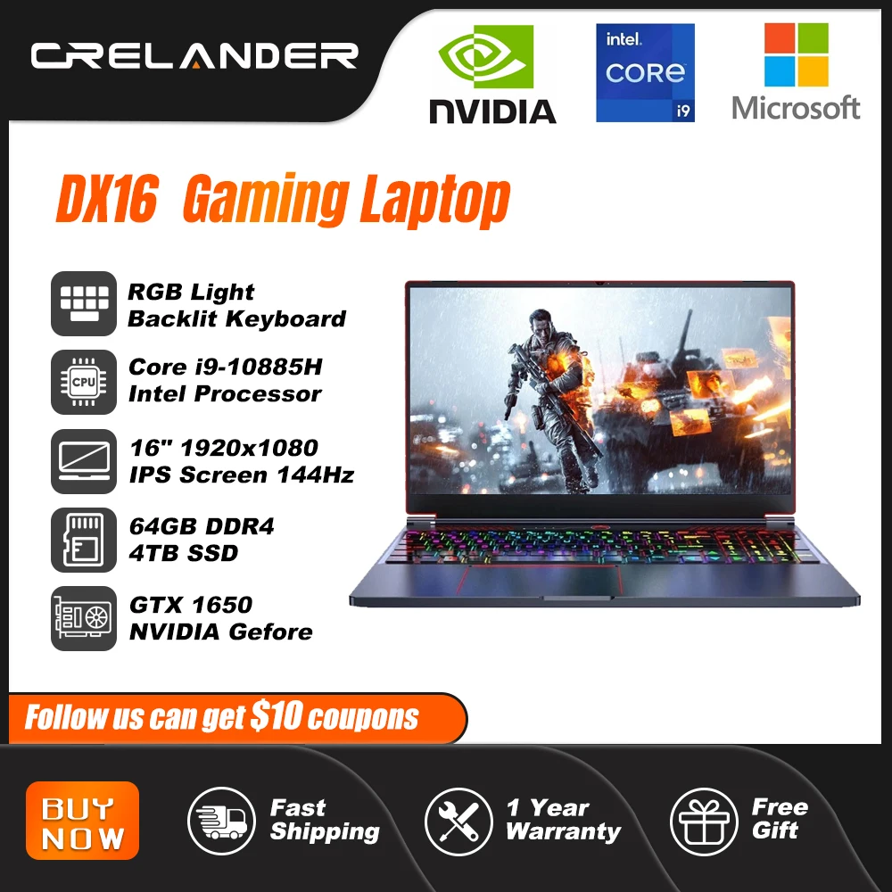 CRELANDER Ordinateur portable de jeu 16,1 pouces Intel Core i9 10e  génération NVIDIA Graphics GTX 1650 IPS Écran 144hz console de jeu ordinateur  portable
