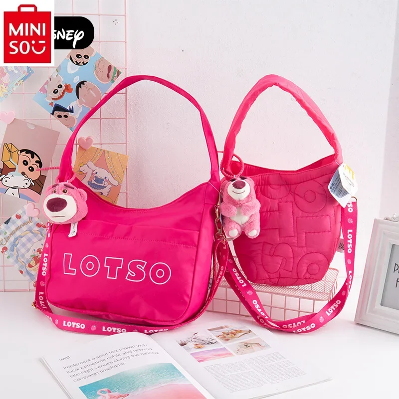 MINISO Disney Cartoon Strawberry Bear Doll Pendant Large Capacity Underarm Bucket Bag Student Cute High Quality Handbag