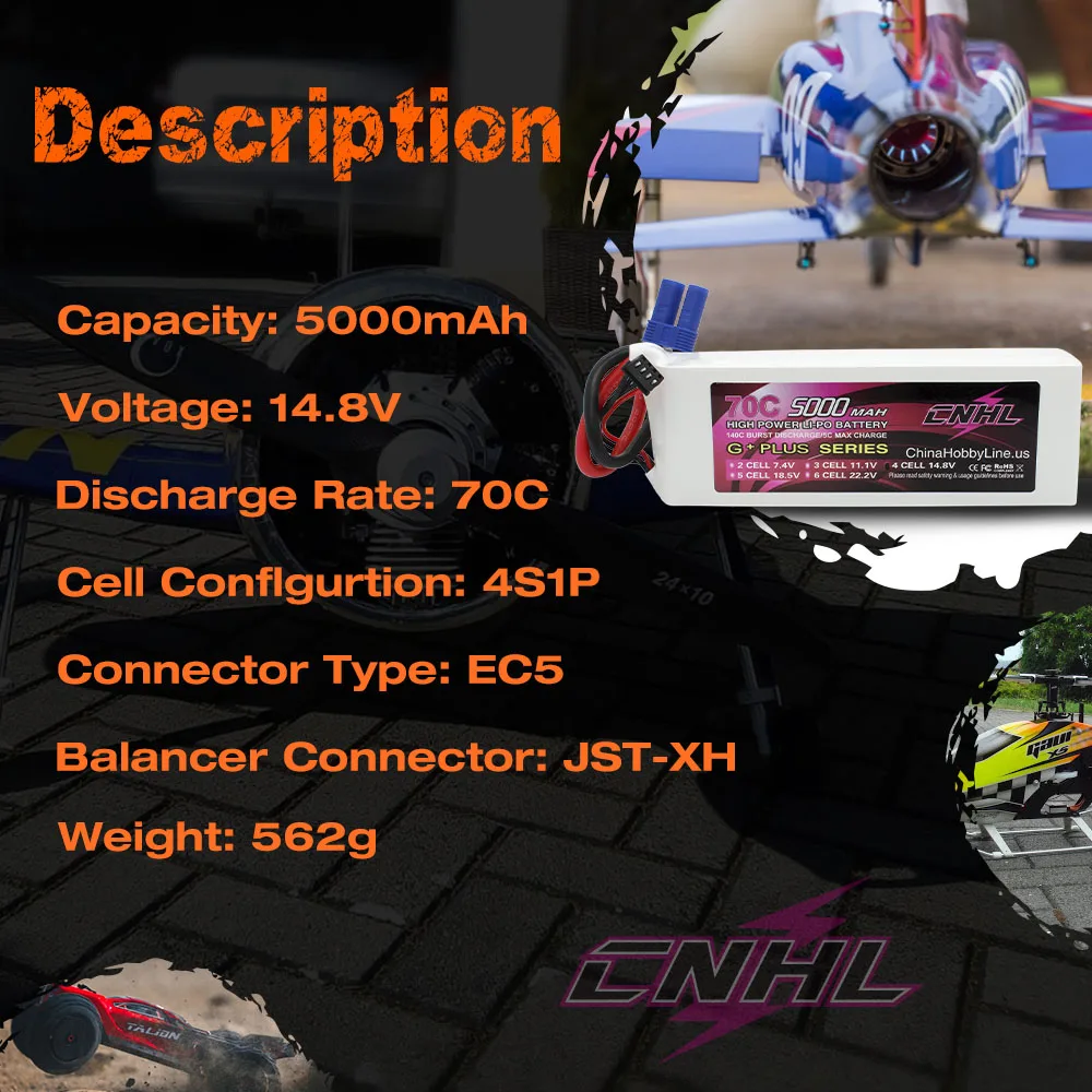 Connecteur EC5 mâle et femelle en gros plan sur la batterie LiPo 4S 5000mAh 70C.