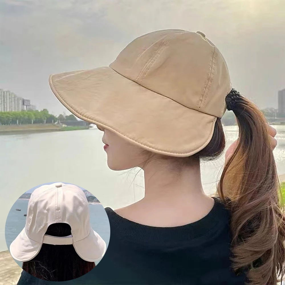 

Summer UV Protection Sun Hat for Women Girls Wide Brim Bucket Hat Sun Protection Fisherman Hat Bucket Cap Ponytail Foldable 2024