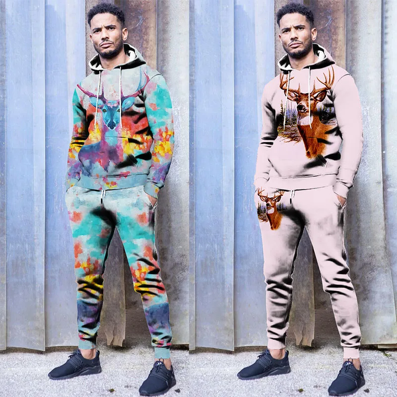 Christmas Elk Printed Hooded Sweatshirts And Sweatpants 2Pieces Set Men's Fashion Hip Hop Style Suit Pullover Autumn y2k Clothes