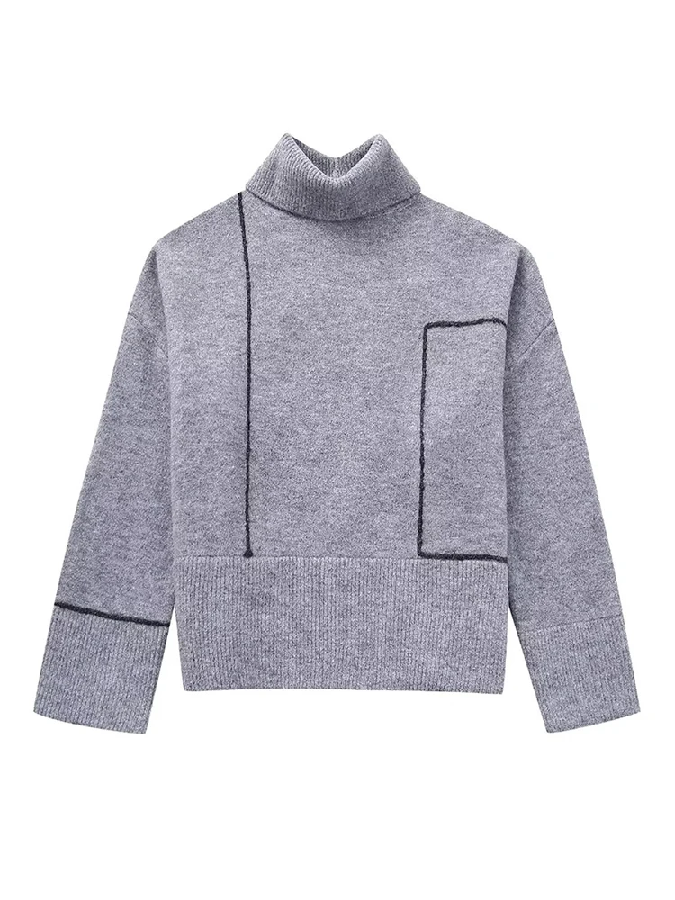 

2023 Womens Autumn Fashion Knitted Line Print Gray Loose Pullover Tops Girls High Collar Long Sleeve Solid Elastic Long Sweaters