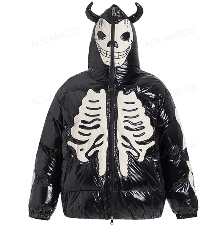 Description Picture 4 of itemMen Winter Black Parkas Jackets Retro Skeleton Devil Horns Embroidery Padded Coats Zipper Mask Waterproof  Hooded Outwear Unisex