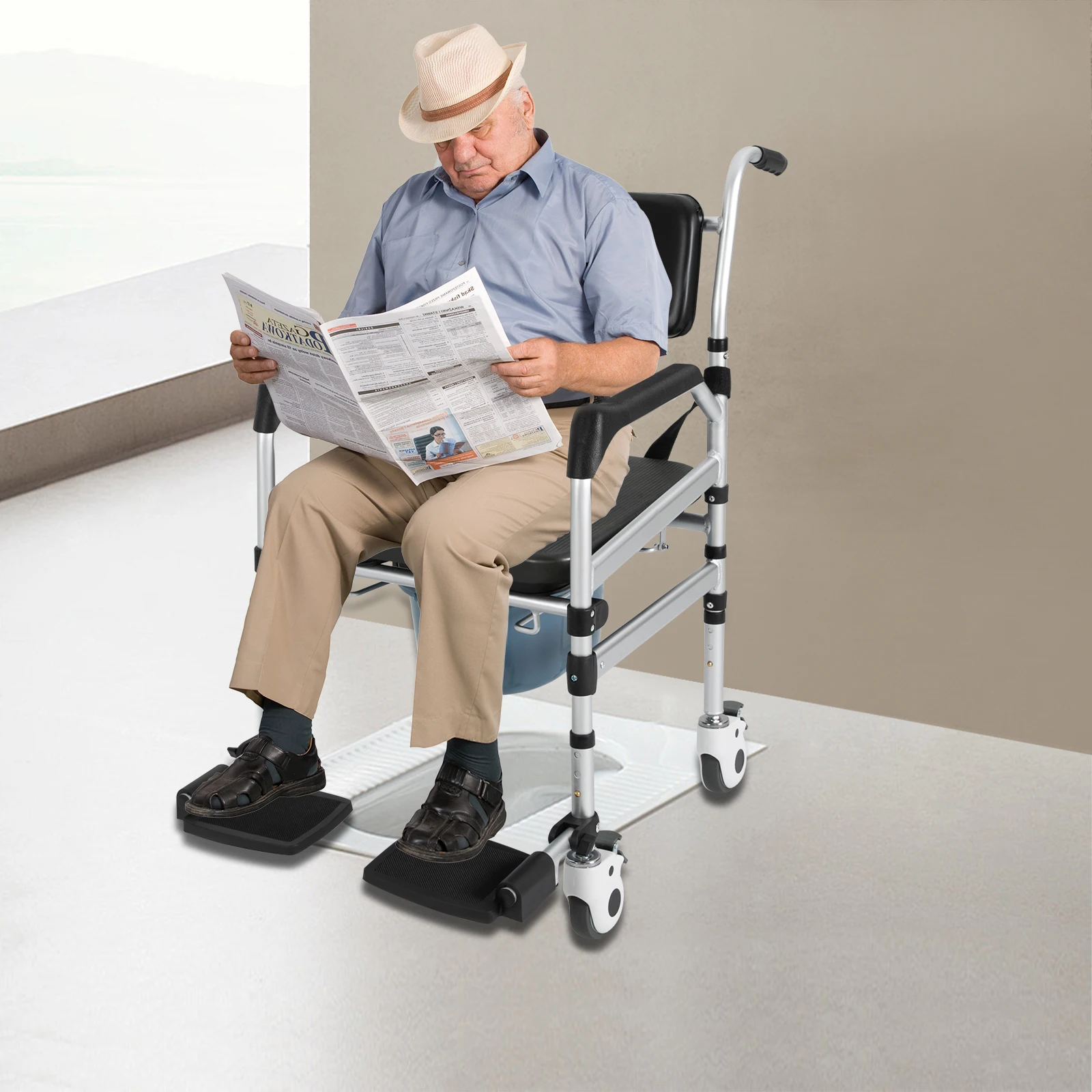 Shower Chair Rolling Commode Seat for Toilet with Arms, Adjustable Height Folding Bath Wheelchair for Elderly, Disabled, Injured 5
