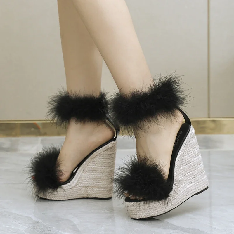 

Fur Sandals Women 2022 Summer New Thick-soled Hemp Rope Woven 15cm High-Heel Shoes Lady Fashion Platform Comfortable Pumps Black