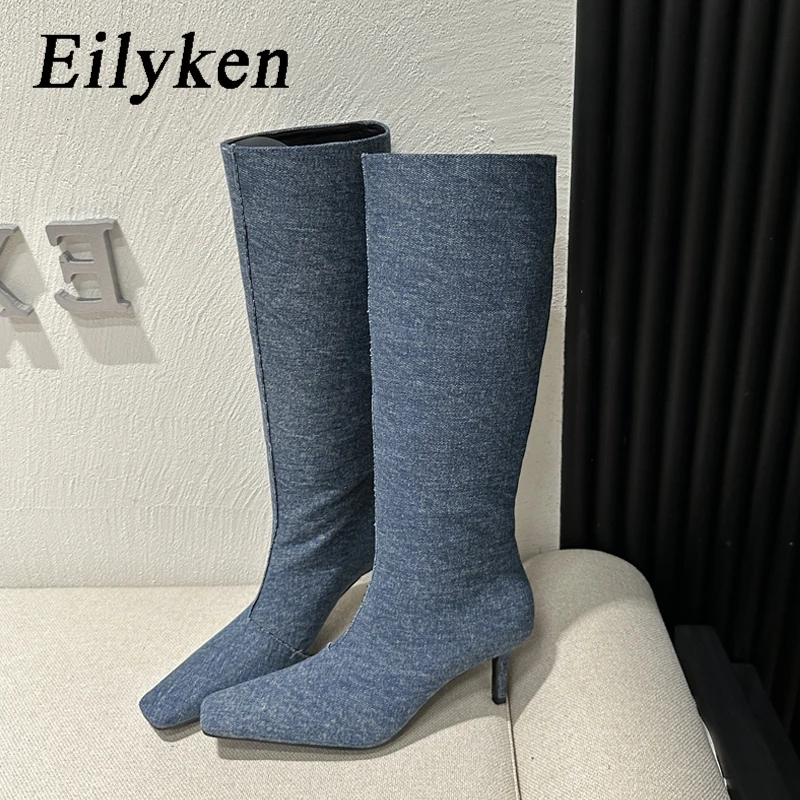

Eilyken Fashion Denim Square Toe Knee-High Boots Women High Quality Slip-On Thin Low Heels Banquet Party Shoes