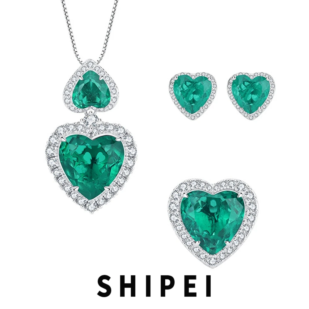 

SHIPEI Vintage 925 Sterling Silver Heart Emerald Paraiba Tourmaline Ruby Sapphire Rings/Earrings/Pendant/Necklace Jewelry Set