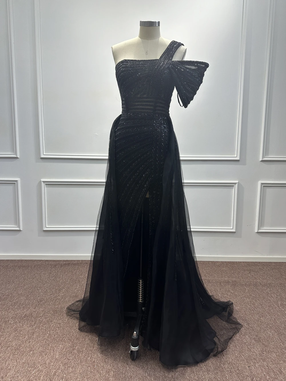 

Black Sequined Beading Evening Dresses One Shoulder Mermaid High Split Luxury Arabic Formal Party Prom Gowns Vestidos De Fiesta