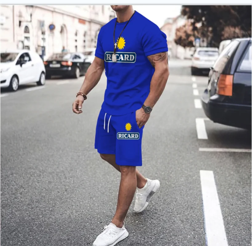 Summer Men Sets Tracksuit T Shirt Men Clothing Fashion France Ricard Soild Color Suit Male Man Vintage Sportswear Short Outfits