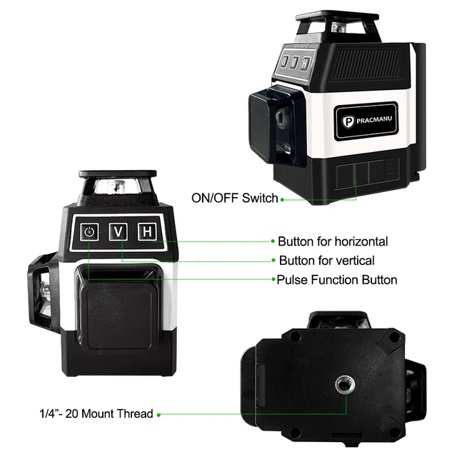 Pracmanu Mini Laser Level 12 Lines 3D level Self-Leveling 360° Horizontal and Vertical Cross Green Laser Beam Lines 5