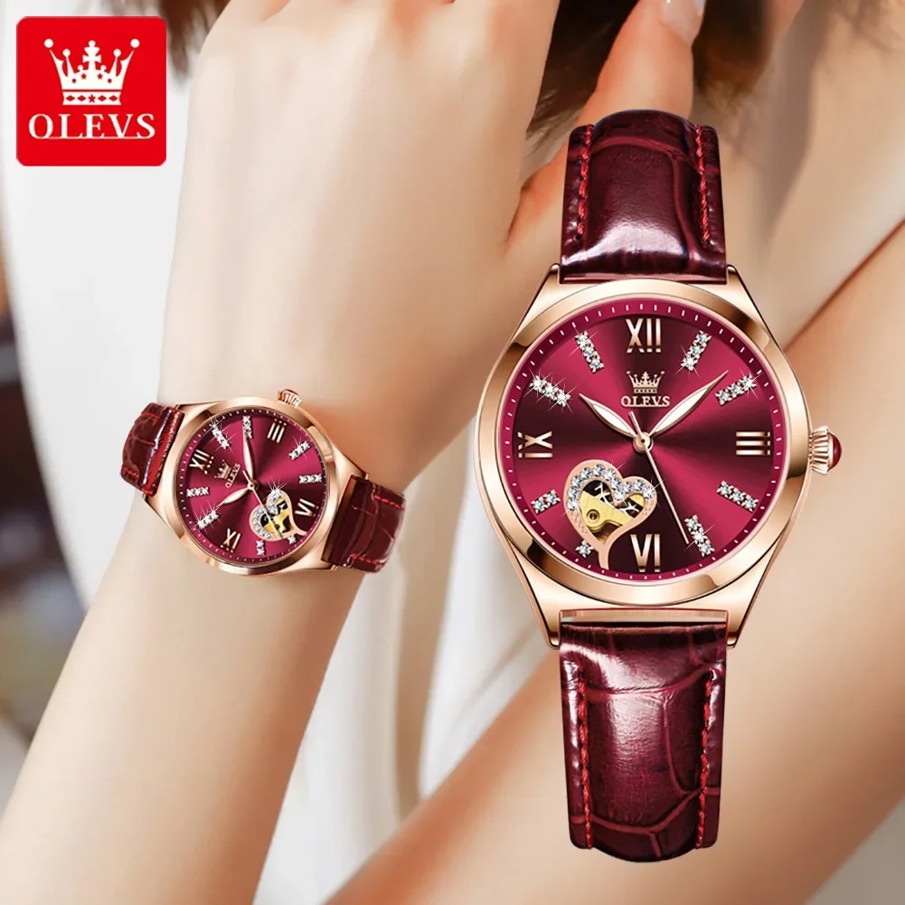 

OLEVS 6636 Automatic Mechanical High Quality Women Wristwatch, Waterproof Fashion Genuine Leather Strap Watches For Women