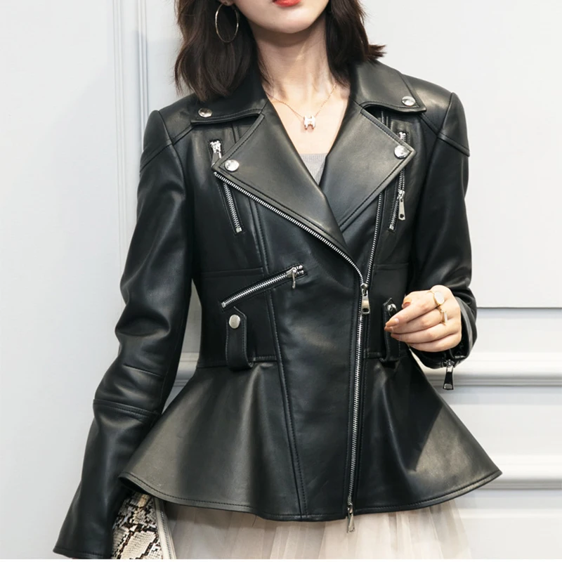 

2023 Women's Moto Biker Zipper Jacket Spring Medium and Long Sheepskin Slim fit Coat Office Lady Ruffles Lapel Genuine Leather J