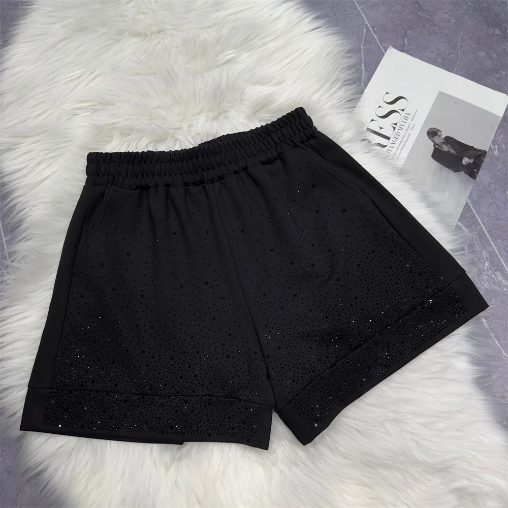Elastic Waist Casual Shorts Women 2024 Summer Starry Diamond Cotton Wide Leg High Waisted Shorts Women Clothing Booty Shorts