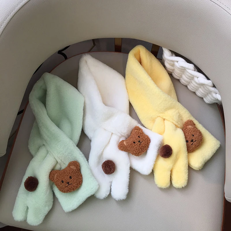 Cartoon Bear Baby Plush Scarf Winter Faux Rabbit Fur Thick Cross Scarves Cute Korean Kids Boys Girls Warm Neckerchief