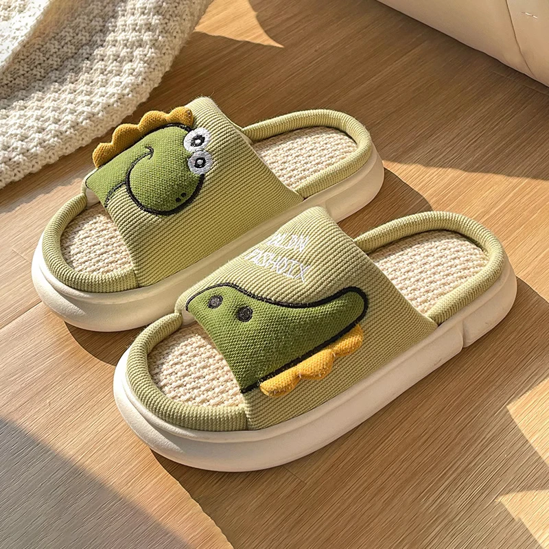 Casual Platform Slippers Women Home Cotton Hemp Cute Cartoon Dinosaur Designer Shoes Girls Flats Fashion Slipper Ladies Open Toe 2