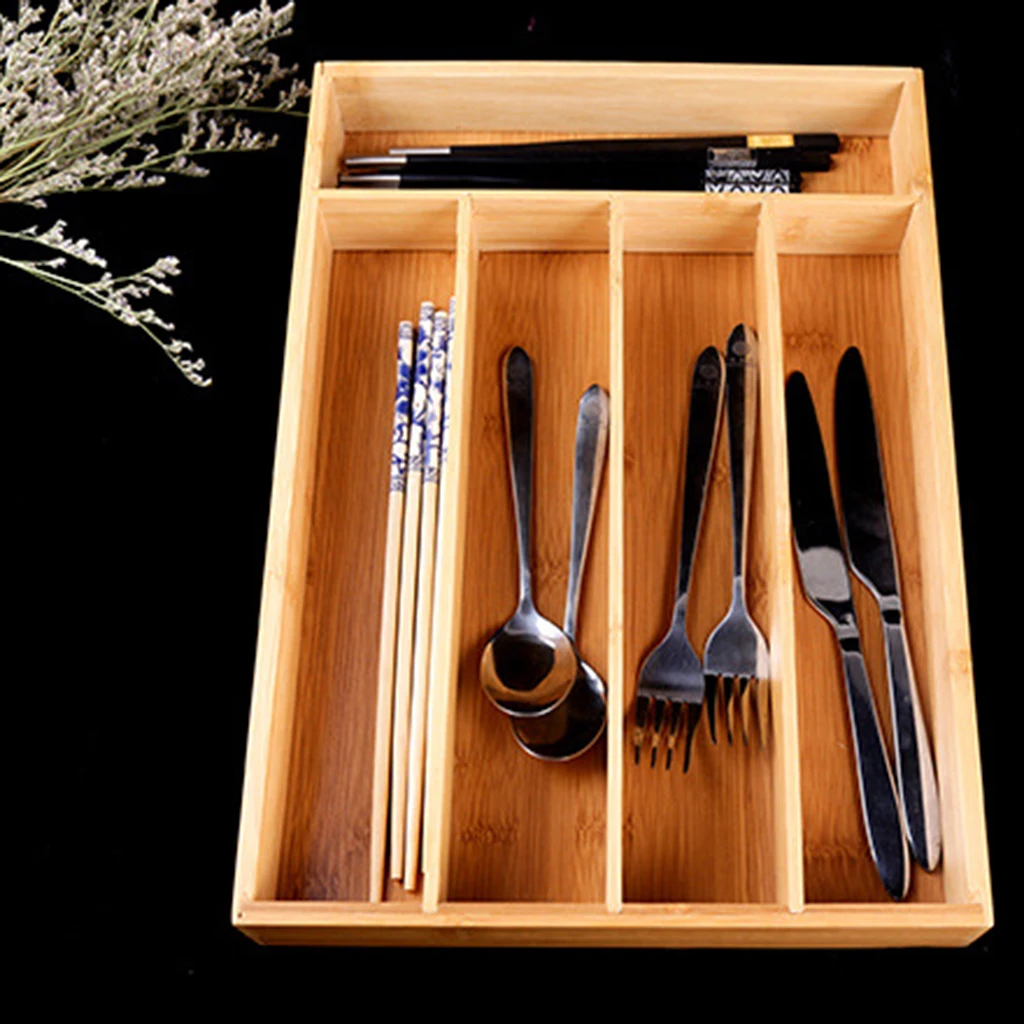 Bamboo Utensils Drawer Organizer, Cutlery Utensil Silverware Tray, Perfect for Kitchen, Bathroom, Desk, Kitchen Drawer Divider