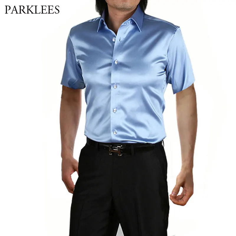 Stylish Gold Silk Satin Shirt Men Chemise Homme 2019 Casual Short Sleeve Slim Fit Mens Dress Shirts Business Camisa Masculina 6