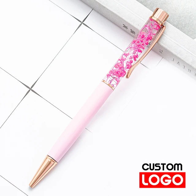 New Eternal Life Flower Oil Pen Metal Ballpoint Pen Lettering Engraved Name Advertising Pen Custom Logo Stationery Wholesale Style 2 - Light pink