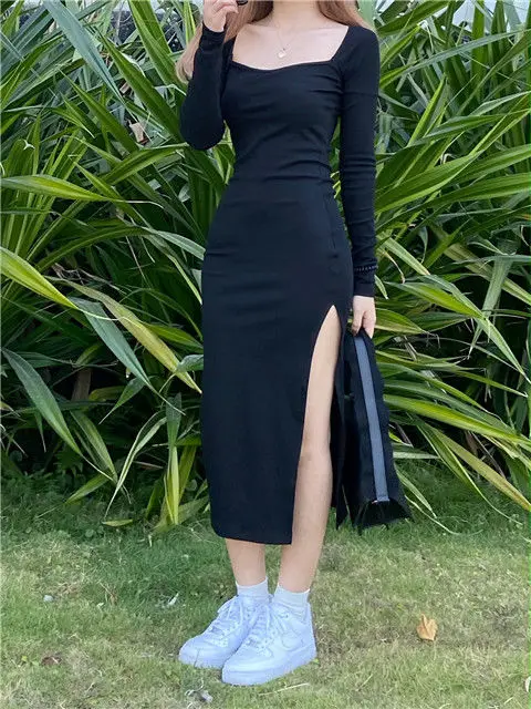 

Dresses Women Shenth Long Sleeve Square Collar Mid-calf Split Design Slim Sexy Hip Hop All-match Vintage Gothic Korean Style New