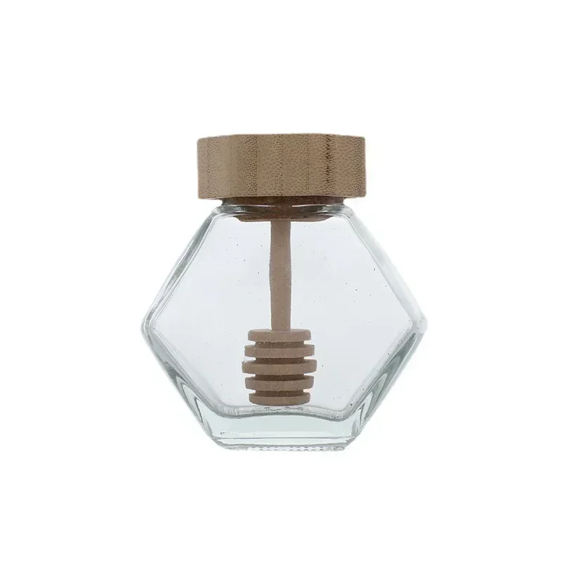 100ml/220ml/380ml Bamboo Wood Cover Hexagonal Glass Jar with  Stirring Dipper Hexagon Honey Container Storage Bottle 4