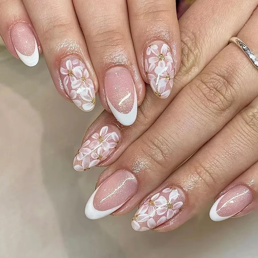 24 Uds uñas postizas de almendra diseños de flores rosas